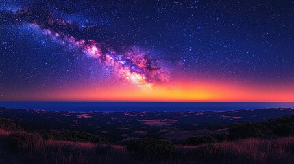 Obraz premium Vibrant Milky Way galaxy over a serene coastal landscape at sunset.