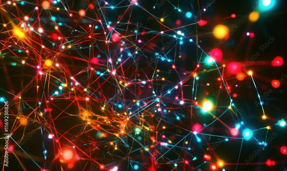 Poster colorful abstract network of interconnected nodes and lines representing data flow and connectivity 