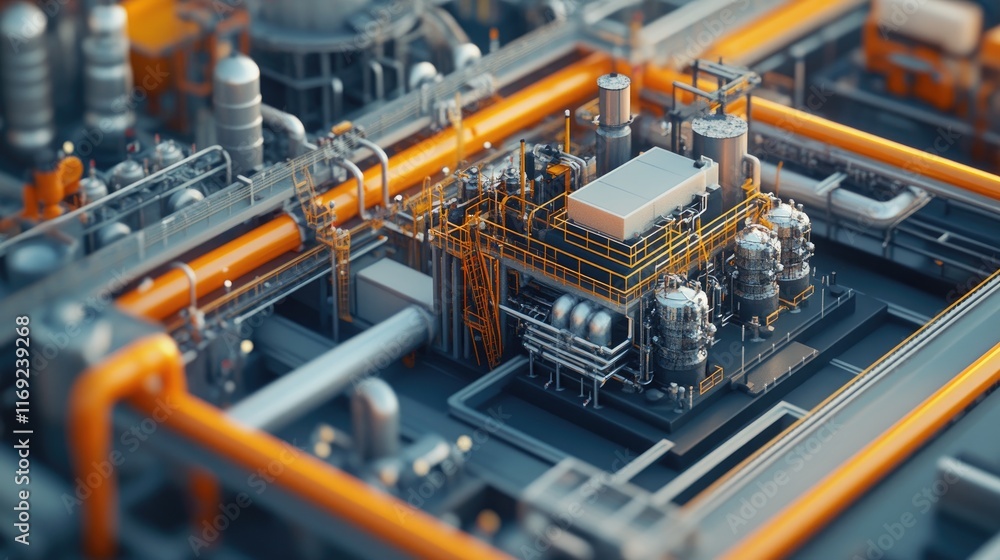 Poster a detailed shot of a pipeline compressor station, with gas pipelines and equipment designed for liqu