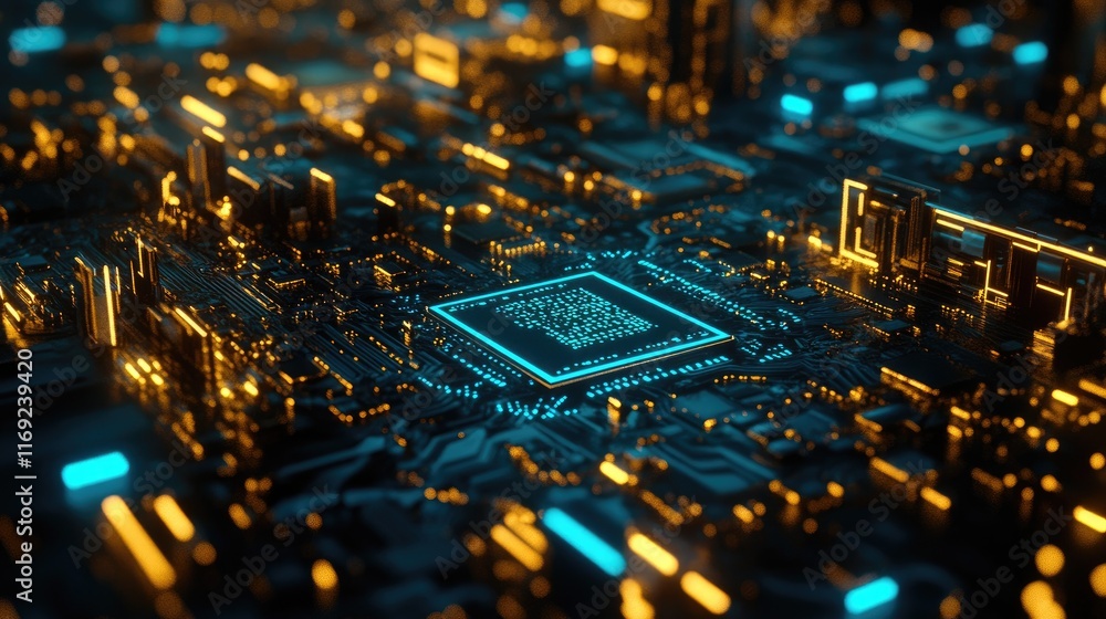 Poster a detailed view of a microchip on a circuit board, glowing with blue and gold light, showcasing the 