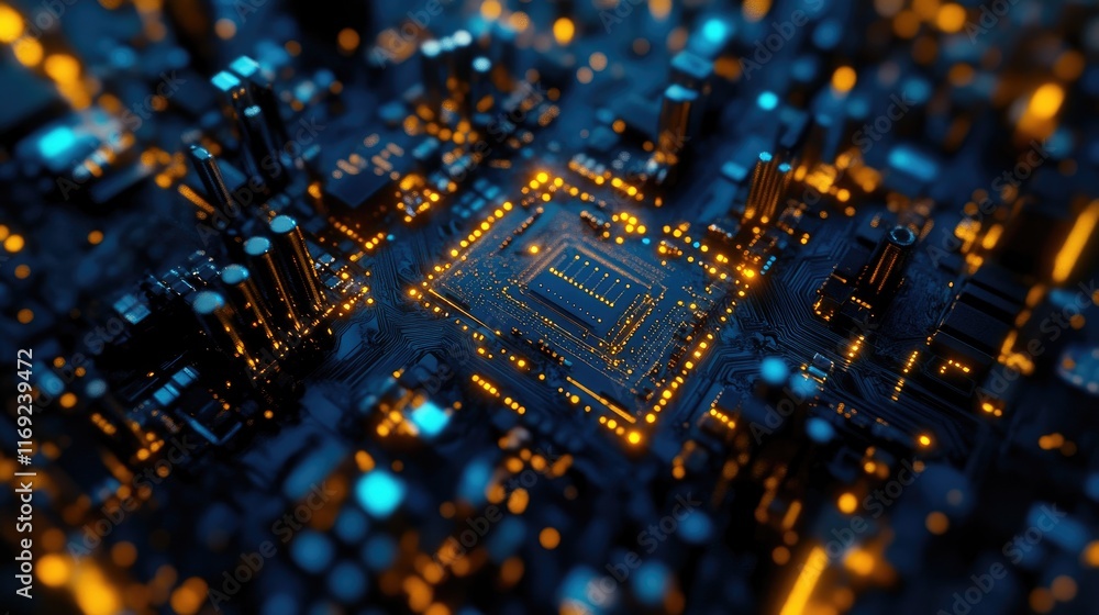 Poster A detailed view of a microchip on a circuit board, glowing with blue and gold light, showcasing the complexity of modern electronic systems.