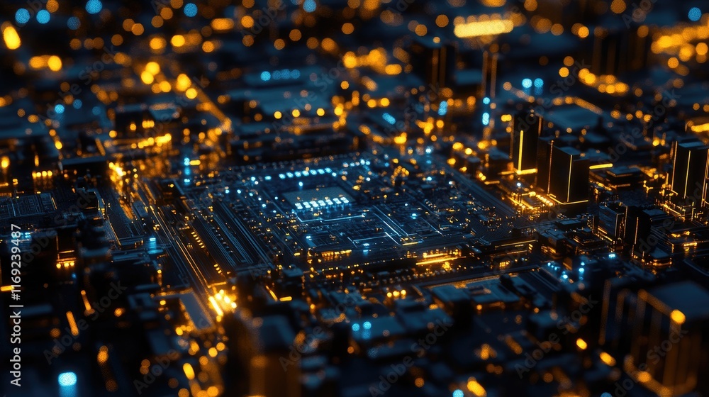 Aufkleber a detailed view of a microchip on a circuit board, glowing with blue and gold light, showcasing the 