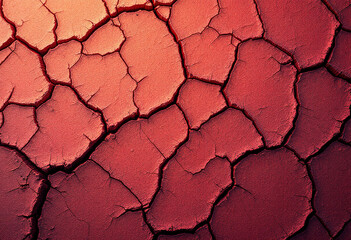 Cracked red earth or soil with various shades of pink and orange hues, creating an abstract textured background