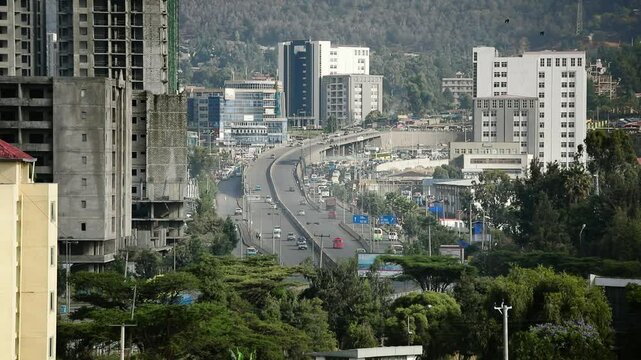 Traffic moving through downtown Addis Ababa, Ethiopia