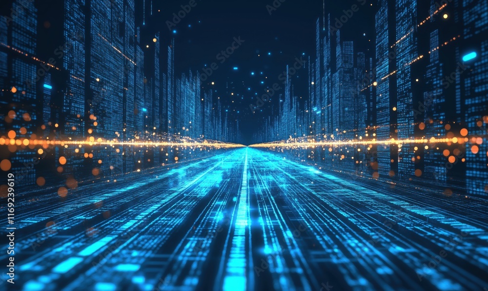Poster futuristic digital cityscape with glowing blue data streams and vibrant orange particles, representi