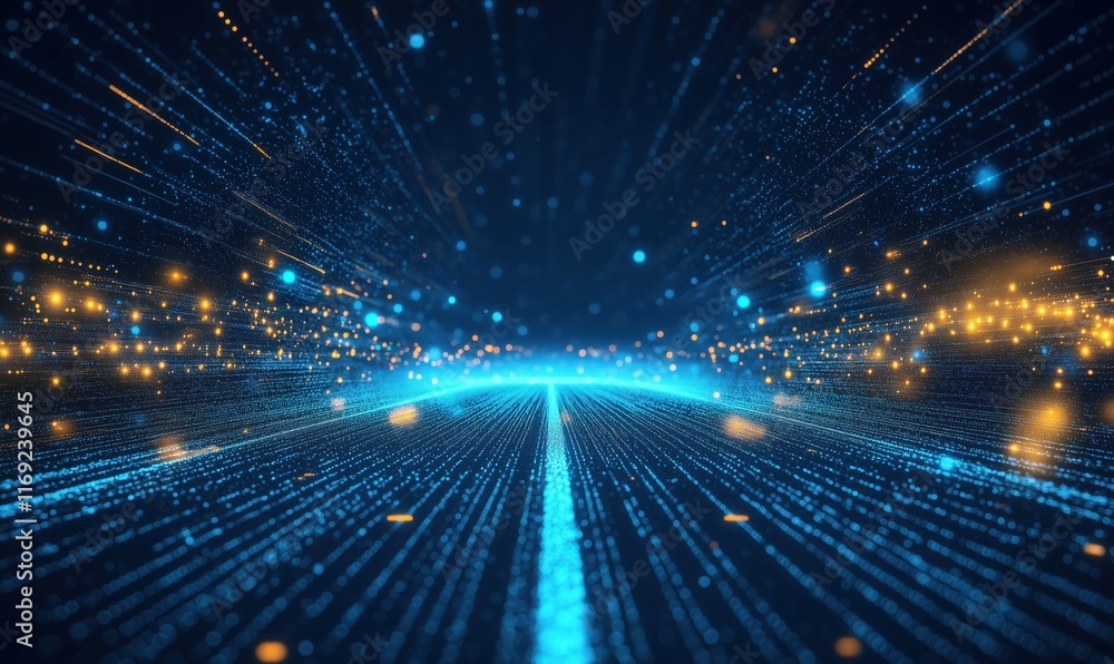 Poster digital data stream with glowing particles and light trails creating a futuristic perspective view