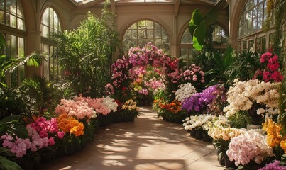 Fototapeta premium Vibrant Orchid Garden Display with Lush Greenery and Colorful Blooms in Conservatory