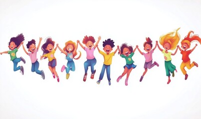 Fototapeta premium Diverse group of joyful children jumping together in celebration, showcasing happiness and friendship, colorful clothing, vibrant expressions