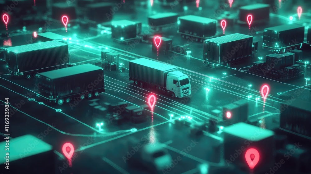 Poster A digital interface showing a logistics network with trucks and GPS markers, focusing on fleet management and transportation system optimization.