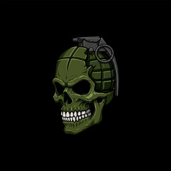 A graphic design depicting a green skull with a grenade fused into its head, symbolizing military conflict or death.
