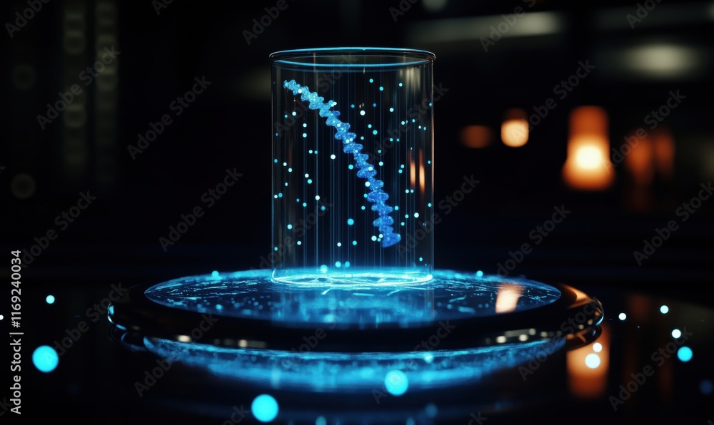 Poster glowing blue molecular structure in transparent cylinder with floating particles and illuminated bas