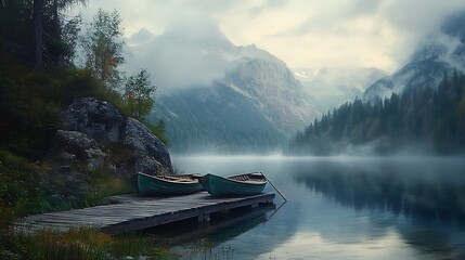 Fototapeta premium Serene Mountain Lake Scene With Two Boats Docked