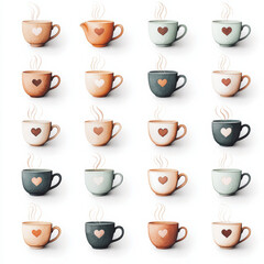 Obraz premium Romantic Tea and Coffee Cups with heart steam, scattered evenly on a white background, A collection of heart-themed coffee cups with steaming beverages, perfect for love and warmth.