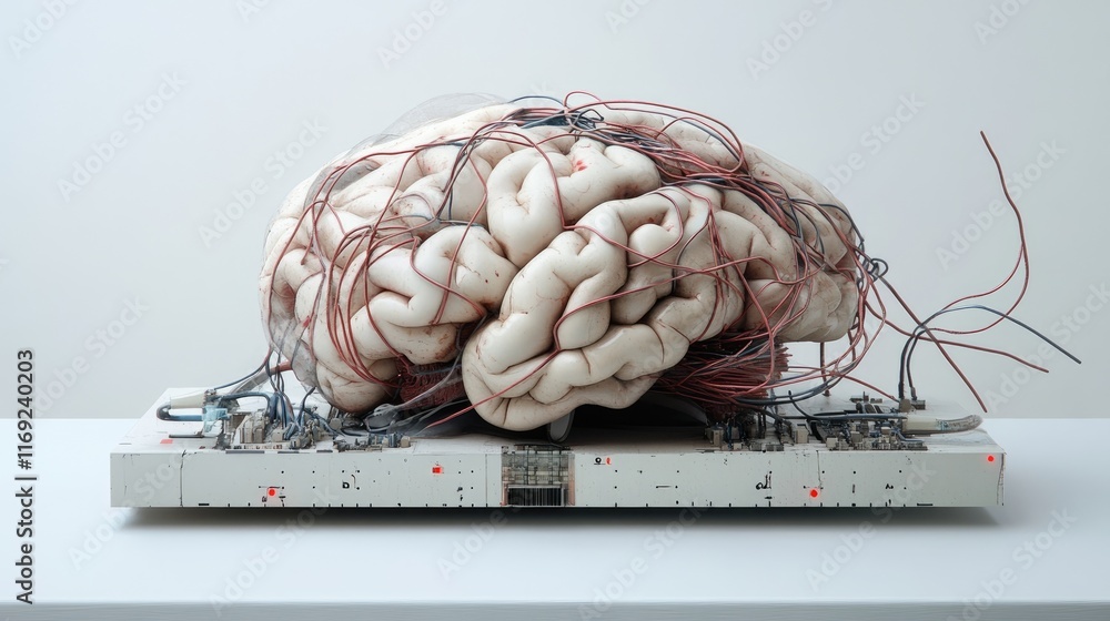 Aufkleber A digital representation of a brain linked to a system block with intricate wires, exploring the relationship between neuroscience and technology.