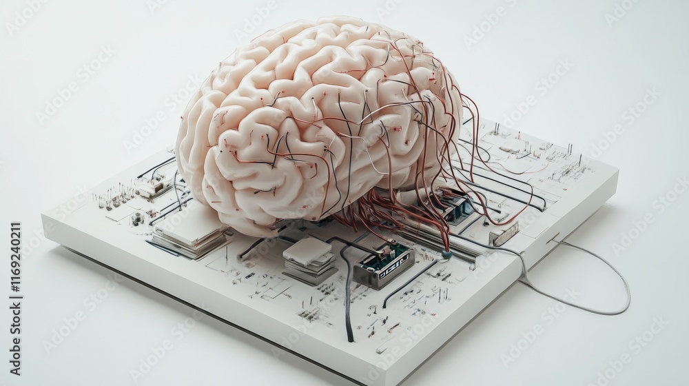 Poster A digital representation of a brain linked to a system block with intricate wires, exploring the relationship between neuroscience and technology.