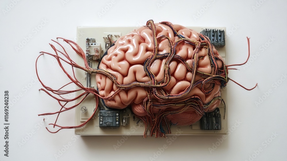 Aufkleber A digital representation of a brain linked to a system block with intricate wires, exploring the relationship between neuroscience and technology.