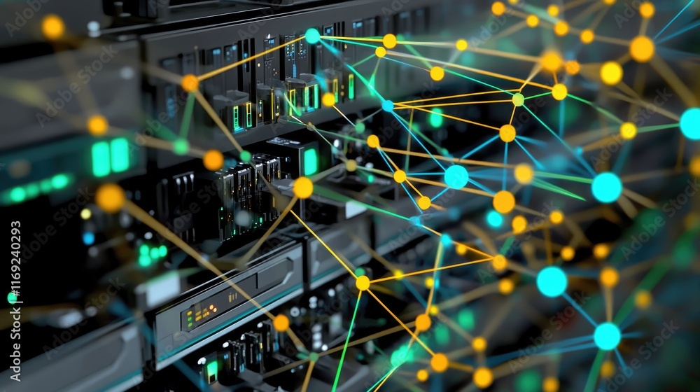 Poster A digital server displaying an advanced network visualization, with real-time data connections highlighting enhanced digital connectivity.