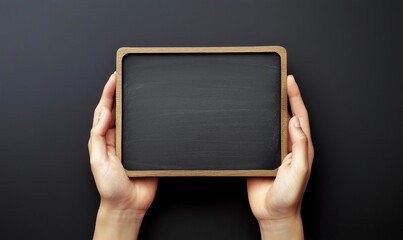 Empty black chalkboard held by hands, wooden frame, dark background, perfect for writing or drawing, versatile for education or art