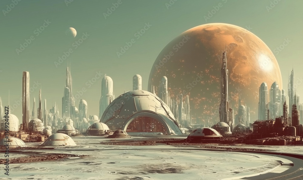 Poster futuristic martian cityscape with advanced architecture and massive planetary background