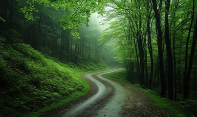 Winding forest road through lush green trees in misty atmosphere, serene nature scene with vibrant foliage and soft light