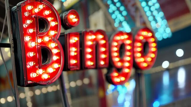 Colorful bingo sign lights up the amusement park at night during a lively game