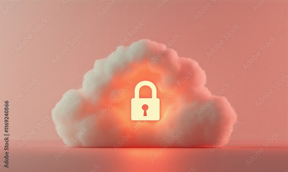 Poster cloud security concept with glowing padlock symbol in fluffy cloud against soft pink background, rep