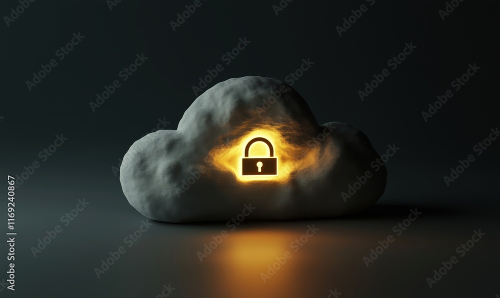 Poster cloud security concept with glowing padlock symbolizing data protection and privacy in digital stora