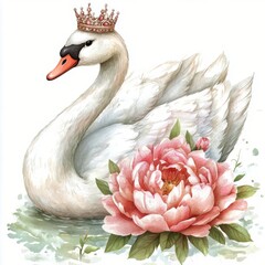 Fototapeta premium Elegant swan with a crown and a blooming peony in a serene watercolor setting