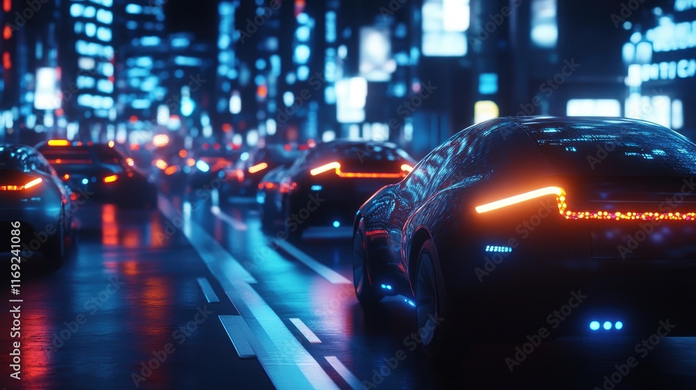 Poster a fleet of smart, connected cars navigating a futuristic city with synchronized communication with t