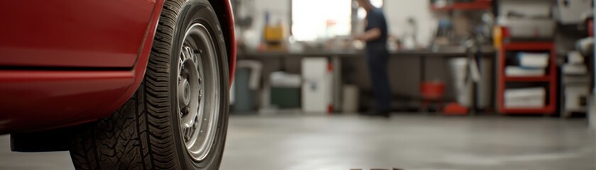 Obraz premium A focused view of a red car's wheel in a workshop, with a mechanic working in the background, highlighting the automotive repair environment.