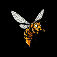 An illustration of an angry cartoon hornet in flight displaying aggressive behavior with its wings spread.