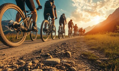 Mountain biking adventure at sunset with group of cyclists riding on dirt trail through scenic landscape