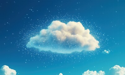 Magical cloud with sparkling particles floating in bright blue sky, whimsical atmosphere, serene and dreamy landscape