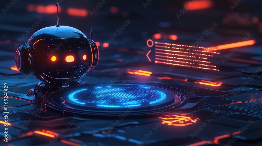 Poster A futuristic AI chatbot interface connected to a computer processor, displaying digital data with a glowing blue and orange light effect.