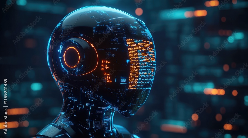 Poster A futuristic AI chatbot interface connected to a computer processor, displaying digital data with a glowing blue and orange light effect.