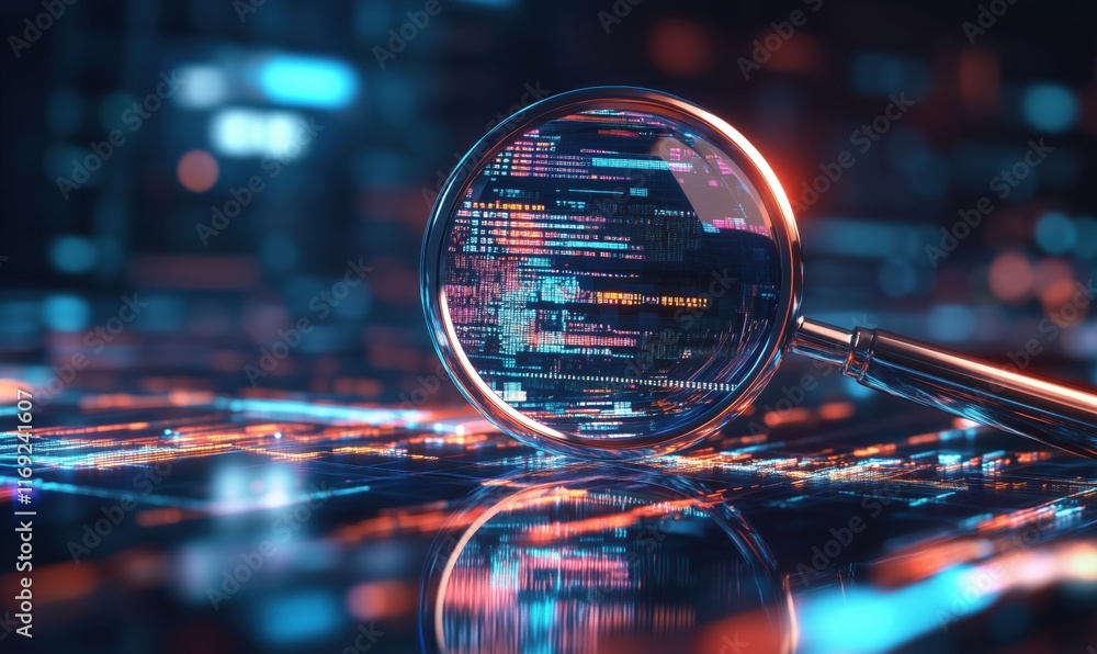 Poster digital magnifying glass revealing intricate data patterns and vibrant technology background, showca