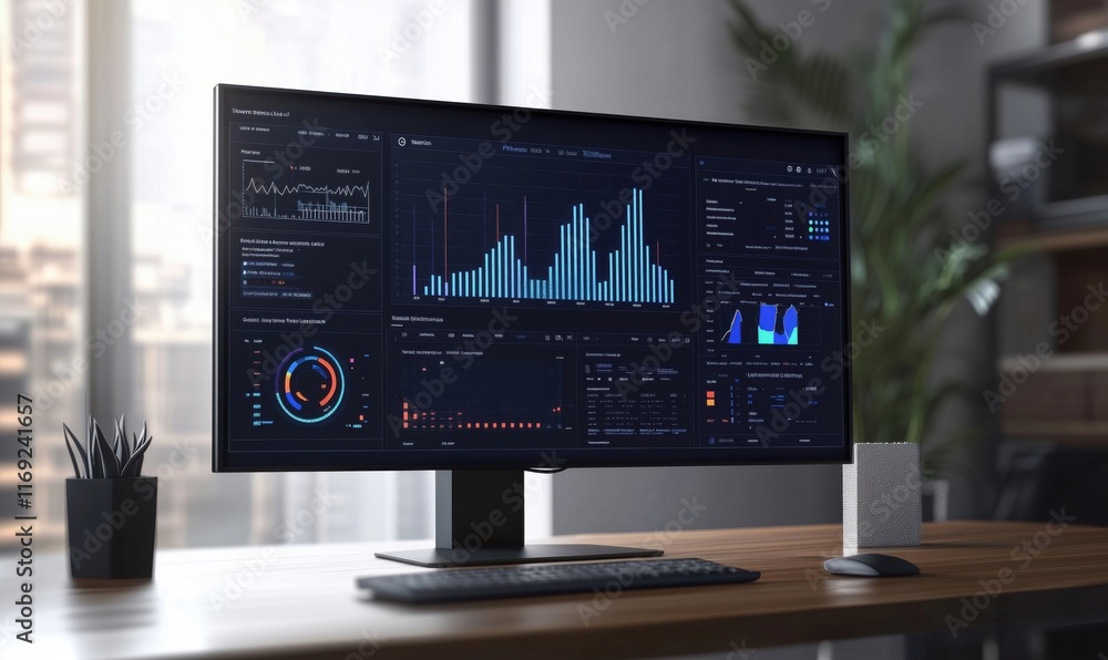 Poster data analytics dashboard displaying graphs, charts, and performance metrics on modern monitor in off