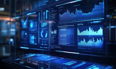 Data visualization dashboard displaying analytics, graphs, and metrics in a futuristic interface