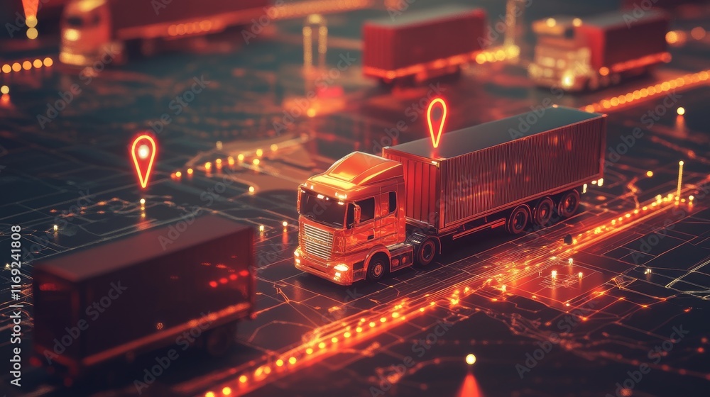 Poster a futuristic digital map displaying trucks and gps markers, showcasing smart logistics and fleet man