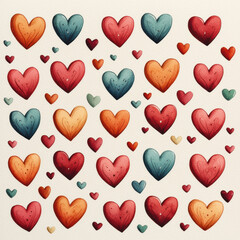 Fototapeta premium heart patterns in vibrant Valentine colors, flowing across a light cream background, Colorful heart patterns showcasing love and affection in various shades and styles, perfect for romantic designs.
