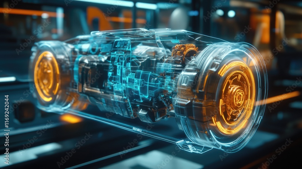 Poster A futuristic holographic display of a vehicle's braking system, highlighting its internal architecture and components with vibrant, detailed graphics.