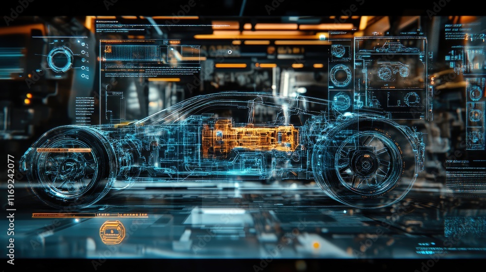 Aufkleber a futuristic holographic display of a vehicle's braking system, highlighting its internal architectu