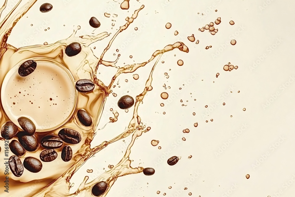 Poster coffee is splashing out of a cup, surrounded by coffee beans, creating a dynamic and energetic scene