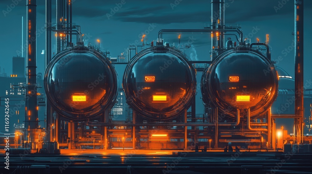 Poster a futuristic industrial facility with three large tanks and a network of precision pipes, illustrati