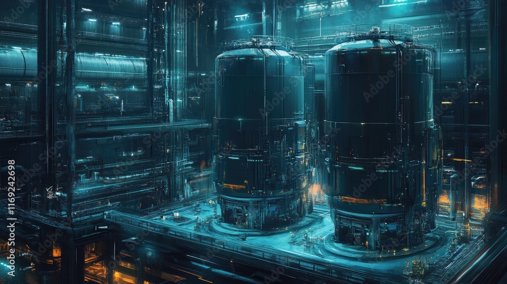 Poster a futuristic industrial facility with three large tanks and a network of precision pipes, illustrati