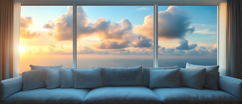 Fototapeta Sunset view from a large window seen from a couch.