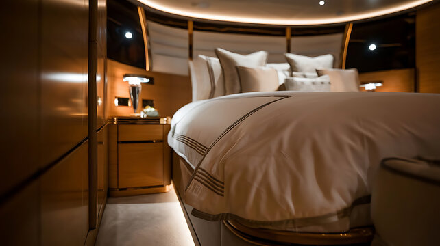 Luxurious yacht stateroom featuring a king-sized bed with crisp white linens, plush pillows, and warm-toned wood furnishings.  Subdued lighting enhances the opulent atmosphere.