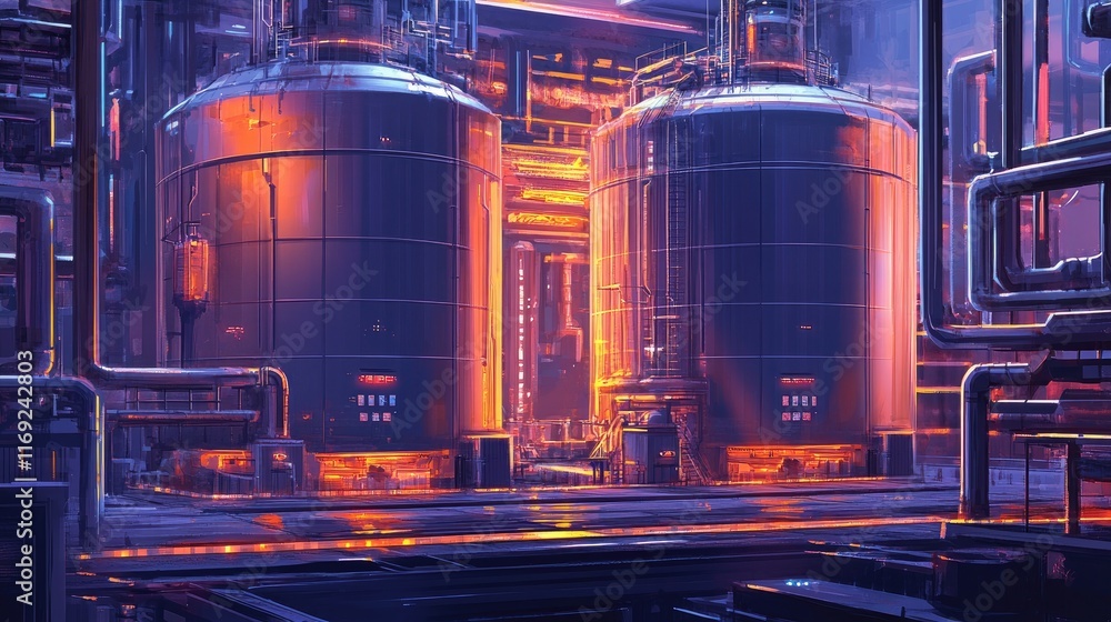 Poster a futuristic industrial facility with three large tanks and a network of precision pipes, illustrati