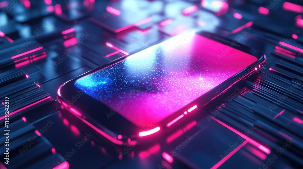 Poster a futuristic phone with a glowing screen in a tech-savvy environment, symbolizing that the future is