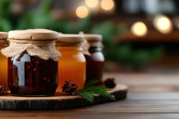 A charming display of warm, rustic jars filled with preserves, set against a softly lit background, embodying the art of food preservation and comfort.